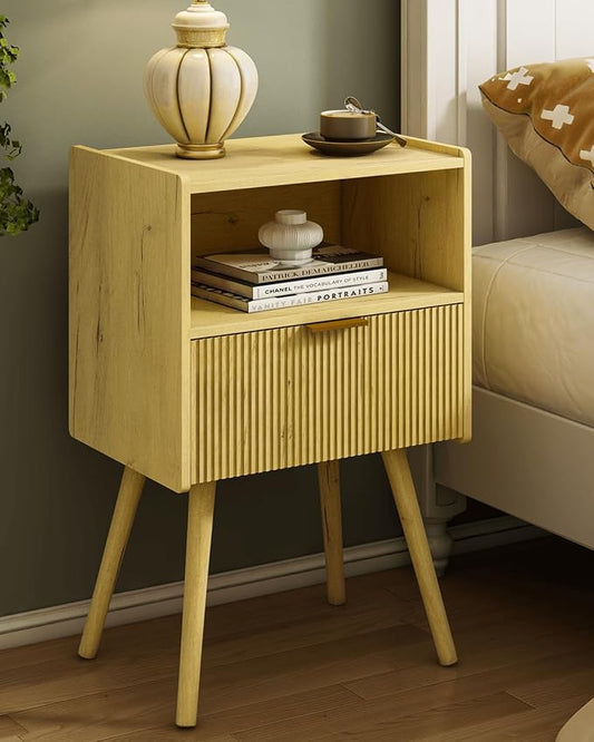 JOONEE Nightstand,Modern Bedside Table with Storage Drawer and Open Wood Shelf, for Living Room, Bedroom and Small Spaces, Accent Night Stand with Solid Wood Legs, Easy Assembly,Vintage Yellow Oak
