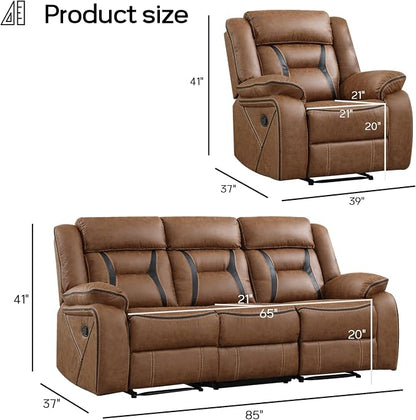 EBELLO Faux Leather Recliner Sofa Furniture Set for Living Room, 2 Recliner Chairs, 3 Seat Reclining Sofa Couch Set for Meeting Room, Brown