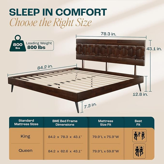 Bme Georgina Signature Bed Frame with Handcrafted Geometric Headboard, Mid Century Modern, Solid Acacia Wood, No Box Spring Needed, 12 Strong Wood Slats Support, Easy Assembly, Walnut, King