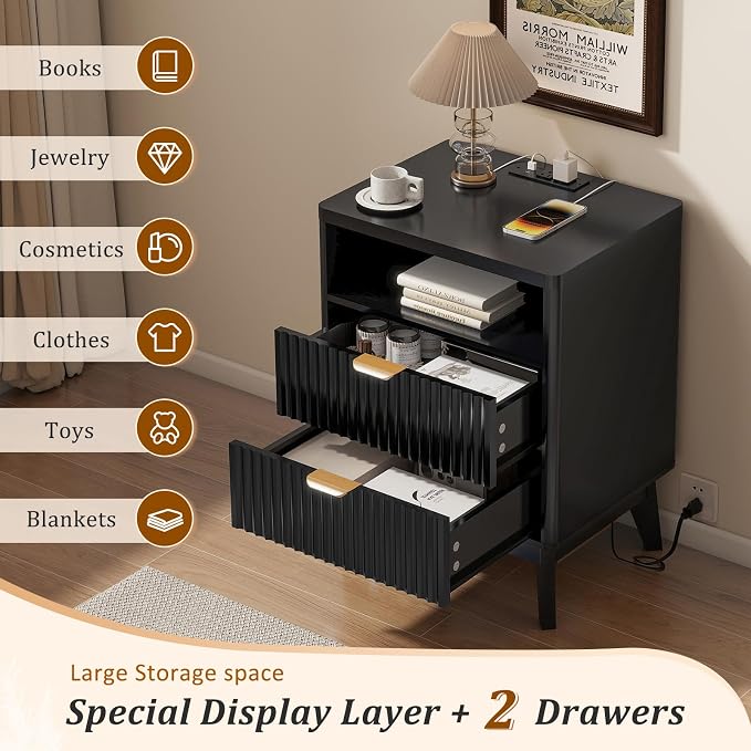 LYNCOHOME Fluted Nightstand with Charging Station, 19.7 inch Wide End Table with 2 Drawers, Modern Wood Bedside Table for Bedroom, Black,1 Pcs