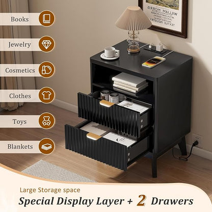 LYNCOHOME Fluted Nightstand with Charging Station, 19.7 inch Wide End Table with 2 Drawers, Modern Wood Bedside Table for Bedroom, Black,1 Pcs