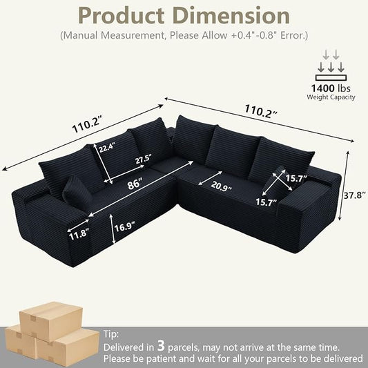 Sectional Cloud Couch for Living Room, Modern Modular Floor Deep-Seat Sofa, Upholstered L Shaped Sofas, Big Comfy Corduroy Couches Set for Living Room Bedroom, No Assembly Required, Black