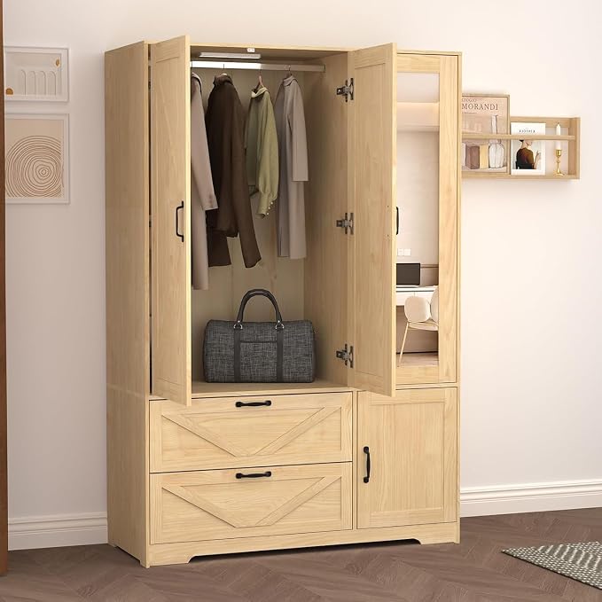 3 Doors Armoire Wardrobe Closet with Mirror Door and LED Lights,Bedroom Armoire with Drawers,Large Capacity Freestanding Armoire with Hanging Rod,Adjustable Shelves and Hooks(Natural)