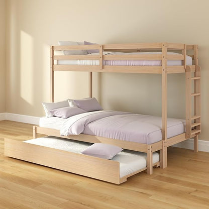 Grain & Grove Bear Twin Over Full Bunk Bed with Trundle Bed, Sturdy Bunk Bed Frame for Kids, Plywood Bunk with Ladder, Guardrail, and Slats, No Box Spring Required, Oak Embossed Natural
