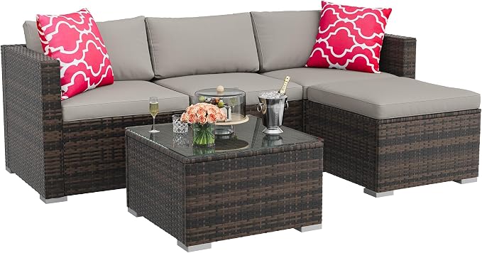 GAOMON 5-Piece All-Weather Patio Furniture Set, Convertible Outdoor Sectional Sofa with Ottoman & Tempered Glass Table, PE Rattan Conversation Set for Garden, Backyard, Porch, Poolside