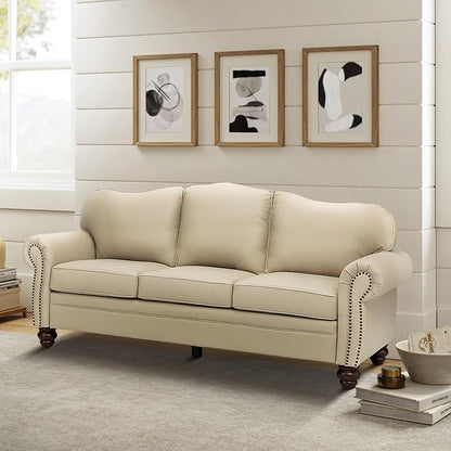 81" Genuine Leather Sofa, Classic 3-Seater Couchs with Wood Legs, Stylish & Comfortable Sofa for Living Room or Office, Easy Assembly Maintain & Long-Lasting, Beige