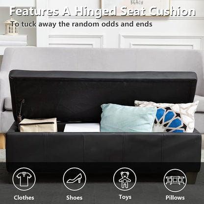51 Inch Storage Ottoman, Storage Bench with Safety Hinge, Upholstered Synthetic Leather Ottoman Bench for Bedroom, Living Room, Entryway, Hallway, Foot Rest, Support 500lbs, Black