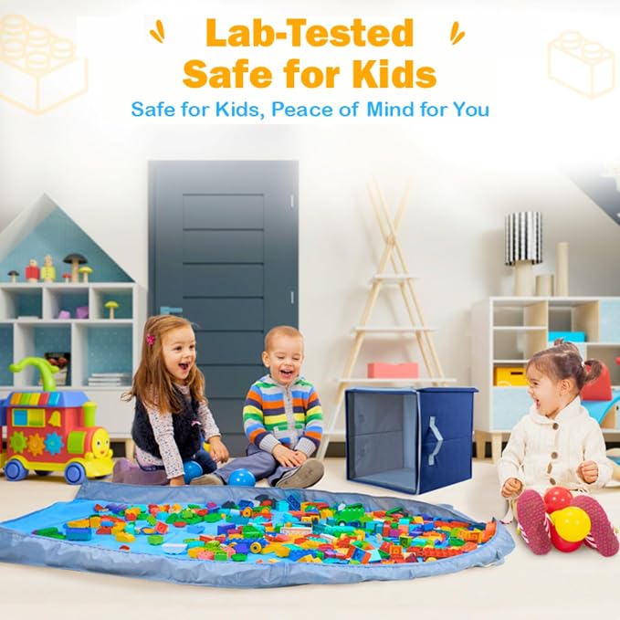 SAM AND MABEL Toy Storage Organizer with Play Mat for Kids – 13" x 13" x 13" Storage Box, Stackable and Foldable Cubby Baskets for Playroom, Nursery Bins for Boys and Girls (Noble Blue)
