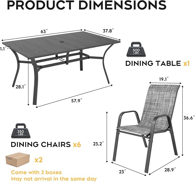 Outdoor Dining Set for 6,7pcs Patio Table and Chairs Set with Adjustable Umbrella Hole,Heavy Duty 63”x37.8” Metal Dining Table and Stackable Patio Chair for Yard, Garden, Porch