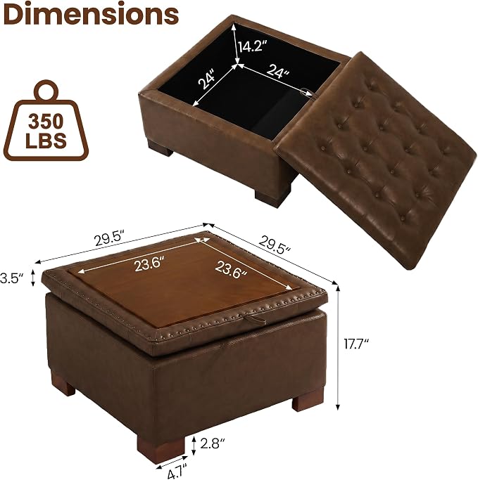 30 Inch Square Storage Ottoman Coffee Table, Modern Tufted Upholstered Ottoman with Flip Tray and Solid Wood Legs, Suitable for Living Rooms, Faux Leather Coffee