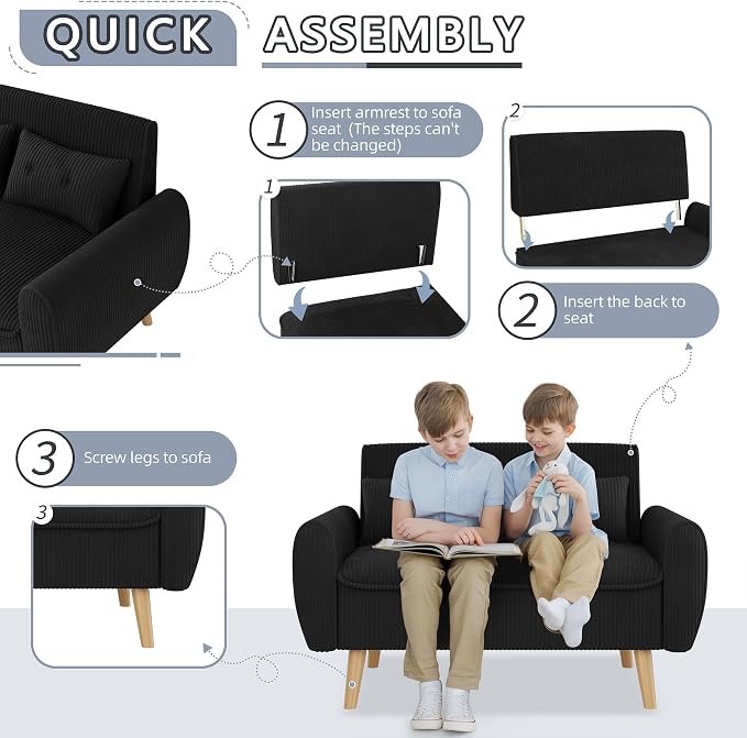 Shintenchi 48'' Loveseat Sofa, Mid-Century Modern Upholstered Couch Deep Seat with 2 Pillows, 10" Thick Cushion with Spring, Solid Wood Frame Small Couch for Living Room, Dorms & Office, Black