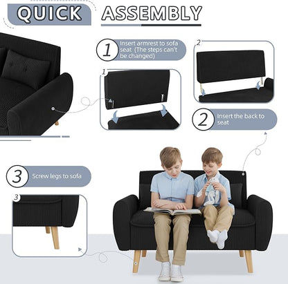 Shintenchi 48'' Loveseat Sofa, Mid-Century Modern Upholstered Couch Deep Seat with 2 Pillows, 10" Thick Cushion with Spring, Solid Wood Frame Small Couch for Living Room, Dorms & Office, Black