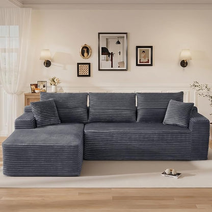 108" L Shaped Cloud Boneless Sectional Couches for Living Room, Modern Comfy Modular Deep Seat Memory Foam Compressed Corduroy Sofa Oversized Left Facing Chaise, No Assembly Required, Grey