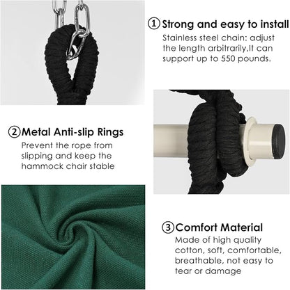 Y- STOP Hammock Chair Hanging Rope Swing, Max 500 Lbs, 2 Cushions Included, Large Macrame Hanging Chair with Pocket for Superior Comfort, with Hardware Kit, Green