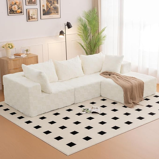 Modular Sectional Sofa, 108" L-Shaped Boneless Couch with Deep Seat, Corduroy Cloud Couch for Living Room, Bedroom, No Assembly Required, Ship in a Box, Checkered Beige