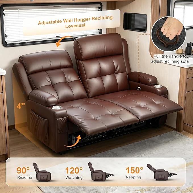 Reclining Loveseat, 55.1" RV PU Leather Wall Hugger Recliner Love Seats Sofa with Charging Station, Removable Armrest, Cup Holder, Double Recliners Couch, Manual Love Seat for Living Room