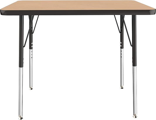 FDP Rectangle Activity School and Office Table (24 x 36 inch), Standard Legs with Swivel Glides, Adjustable Height 19-30 inches - Maple Top, Black Edge and Legs, 10003-MPBK