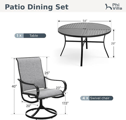 PHI VILLA 7 Piece Outdoor Patio Dining Set with 6 Swivel Dining Chairs & 1 Large Round Dining Table, Gray Textilene Mesh Fabric Chair and 54" Metal Table for All Weather