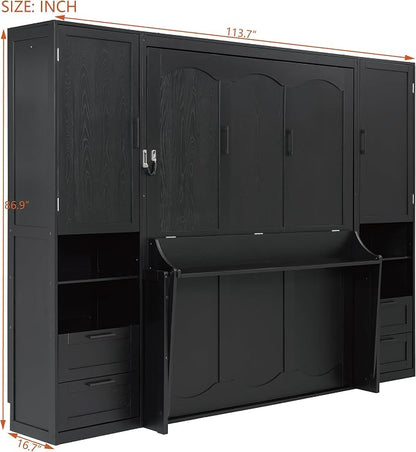 Merax Queen Size Murphy Bed with Desk, Closet, Drawers and Shelves, Fold into The Wall, Space-Saving Foldable Wood Platform Bed Frame for Small Spaces Studio Study Office Guest Room, Black(Oak Veneer)