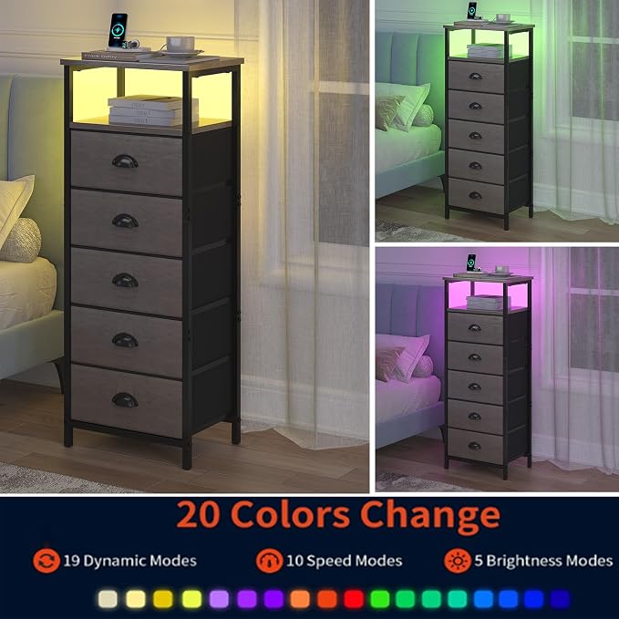 sthmec Nightstand with Charging Station,LED Grey Nightstand with 5 Fabric Drawers, Bedside End Tables, 2-Tier Open Storage Shelf Side Table Nightstand with Drawers for Bedroom, Grey