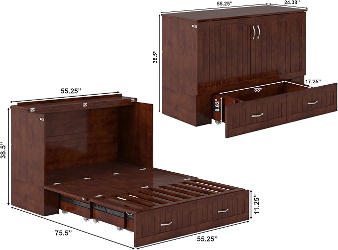 AFI, Southampton Murphy Bed Chest Full with 6" Mattress, Built-in USB Charger & Storage Drawer, Walnut