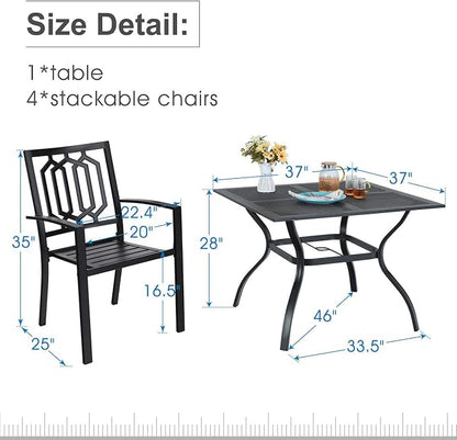 PHI VILLA 5 Pieces Outdoor Dining Set for 4, 37” Black Square Metal Steel Table with Mesh Top & Stackable Wrought Iron Chairs, Outside Furniture Set for Patio, Deck, Backyard, Porch