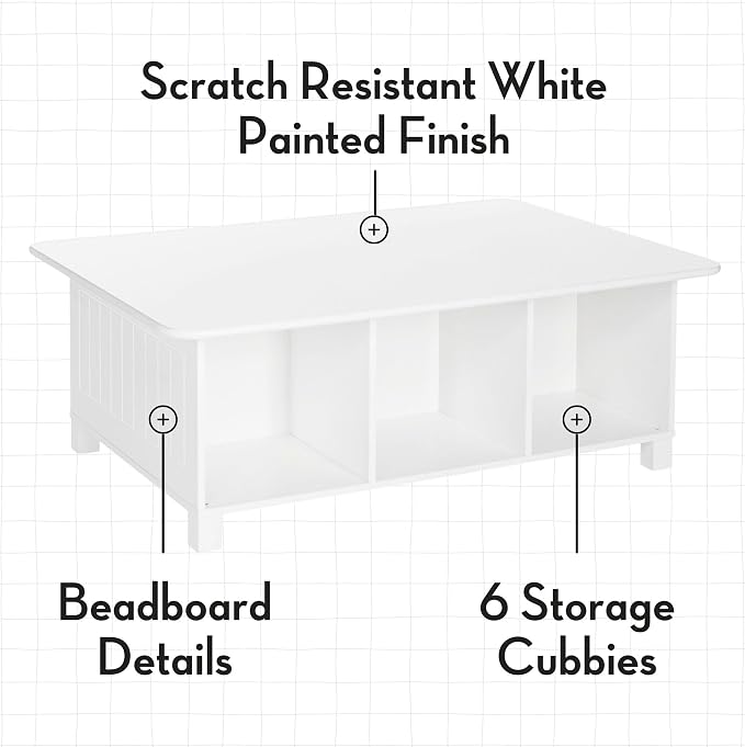 RiverRidge Kids 6 Cubby Storage 2pc Activity Table, White with Gray Bins