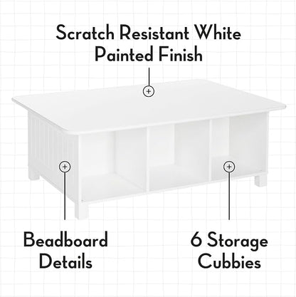 RiverRidge Kids 6 Cubby Storage 2pc Activity Table, White with Red Bins