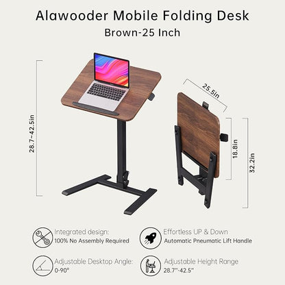 alawooder 25" Mobile Folding Desk: Pneumatic Sit-Stand, No Assembly | 29-42" Height Adjustable Rolling Laptop Desk, Hidden Wheels, 0-90° Tilt Top. Ideal for Home Office, Craft & Study.