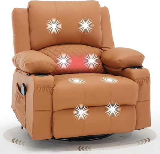 Faux Leather Recliner Chair with Heat and Massage Cup Holder, Overstuffed Swivel Rocker Recliner Chair Rocking Glider Chair Lounge Chair, Orange