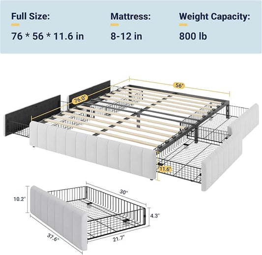 Allewie Full Size Platform Bed Frame with 4 Large Storage Drawers, Velvet Vertical Channel Tufted Upholstered Bed Base, Wooden Slats Support, Noise-Free, No Box Spring Needed, Easy Assembly, White