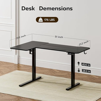 Acrolix L Shaped Electric Standing Desk - 51x31.5 Inch Reversible Corner Sit Stand Desk with Hook&Cup Holder,Electric Height Adjustable Table,for Small Home Office&Bedroom Computer Desk, Black