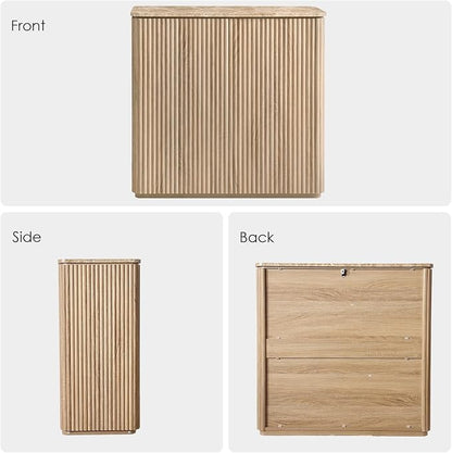 Fluted 2 Doors Sideboard Cabinet with Storage, 34" Wooden Credenza with Shelves, Faux Marble-Top Coffee Bar Console, Modern Buffet Cabinet for Dining, Kitchen, Living Room, Entryway, Natural Oak, 2pcs