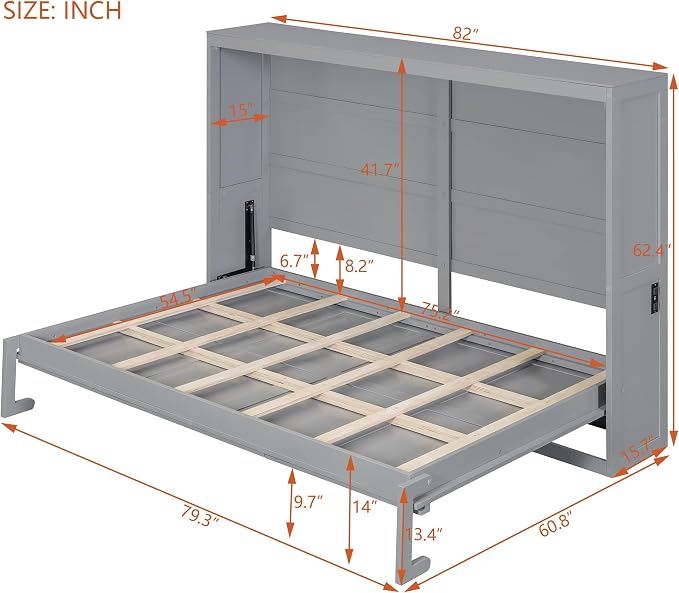 Ball & Cast Murphy Bed Full Size,Wall Beds with Charging Station and Storage Top,Slat Support,Wood Hideaway Cabinet Bedframe w/Leg,can be Folded,Space-Saving,for Small Room,Dorms,Gray