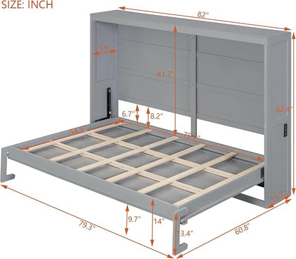 Ball & Cast Murphy Bed Full Size,Wall Beds with Charging Station and Storage Top,Slat Support,Wood Hideaway Cabinet Bedframe w/Leg,can be Folded,Space-Saving,for Small Room,Dorms,Gray