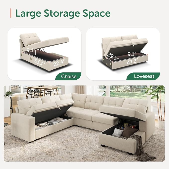 HONBAY Modular Sectional Sleeper Sofa with Pull Out Bed, U Shaped Sleeper Couches with Storage Chaise, 114'' Sleeper Sectional Sofas for Living Room, Apartment (Beige)
