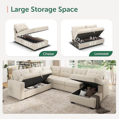 HONBAY Modular Sectional Sleeper Sofa with Pull Out Bed, U Shaped Sleeper Couches with Storage Chaise, 114'' Sleeper Sectional Sofas for Living Room, Apartment (Beige)