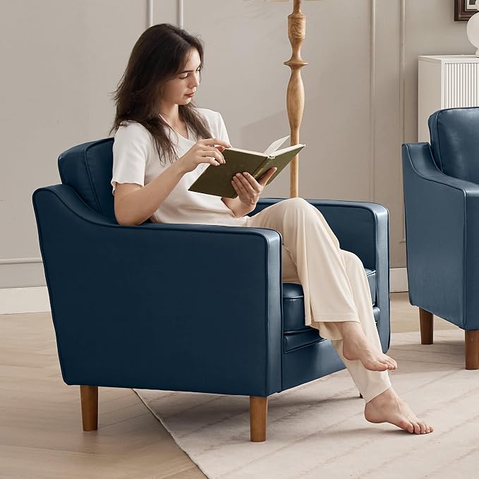 Kingfun Accent Chair, Living Room Chairs, Faux Leather Reading Armchair, Mid Century with Solid Wood Foot, Upholstered Modern Decor for Bedroom, Apartment