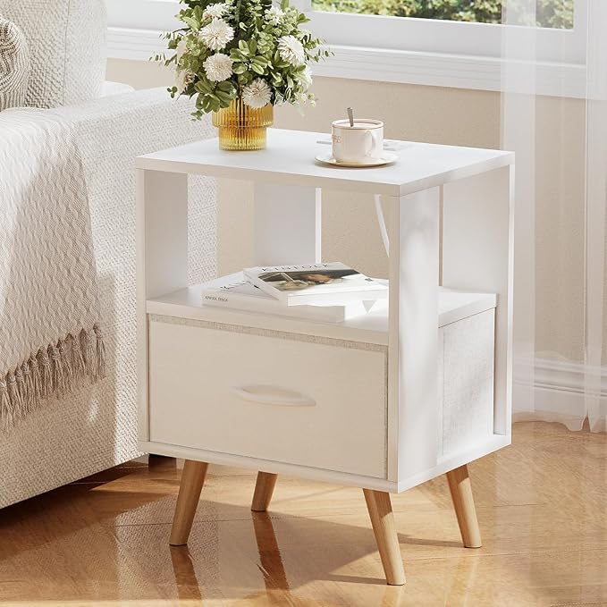 Huhote Kids Nightstand, 2-Tier Night Stand with Drawer, Modern Side Table for Bedroom, Study Room, Small Spaces, White