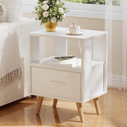 Huhote Kids Nightstand, 2-Tier Night Stand with Drawer, Modern Side Table for Bedroom, Study Room, Small Spaces, White