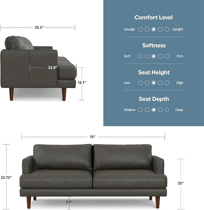 SIMPLIHOME Livingston 76" Wide x 33" High Sofa in Coal Top Grain Genuine Leather, Mid-Century Modern Loveseat for Living Room, Compact 2-Seater with Feather-Wrapped Cushions and Solid Wood Frame