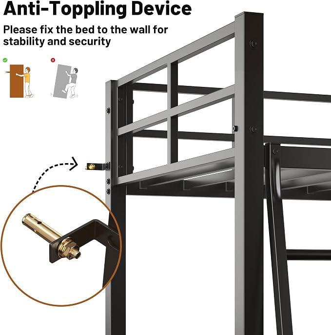 Cryrature Twin Size Loft Bed with L-Shaped Desk & Charging Station,Heavy Duty Metal Twin Loft Bed Frame with Safety Guardrail & Ladders, No Box Spring Needed,Black