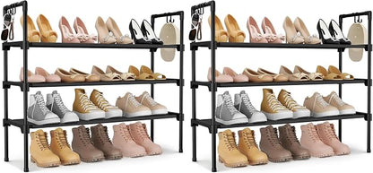 LANTEFUL 3 Tier Shoe Rack for Closet, Shoe Organizer with 5 Hooks, Long Shoe Shelf Storage for Sneaker and Boot Stackable Free Standing Shoe Rack for Entryway, Garage, Small Spaces, Dorm (Pack of 2)