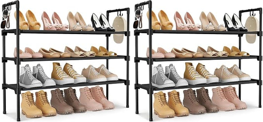 LANTEFUL 3 Tier Shoe Rack for Closet, Shoe Organizer with 5 Hooks, Long Shoe Shelf Storage for Sneaker and Boot Stackable Free Standing Shoe Rack for Entryway, Garage, Small Spaces, Dorm (Pack of 2)