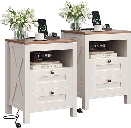 Luoxiao Nightstand Set of 2 with Charging Station, End Table, 18" Farmhouse Side Table with 2 Storage Drawers, Rustic Wooden Sofa Table, Bedside Cabinet for Living Room, Bedroom, White