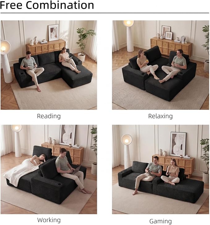 104" L Shaped Boneless Sectional Couches for Living Room, Comfy Corduroy Floor Cloud Sofa with Chaise and Cup Holder, Wide Armrest, Deep Seat, Assembly Free, Ideal for Small Spaces, Black