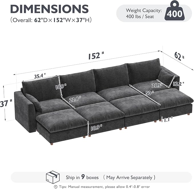 Ihanherry 152" Oversized Modular Sectional Sofa, Modern Cloud Couch with 4 Storage Ottoman, 8-Seat Comfy Chenille Deep Seat Sofa with 2 Pillows for Living Room, Grey