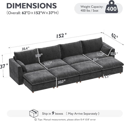 Ihanherry 152" Oversized Modular Sectional Sofa, Modern Cloud Couch with 4 Storage Ottoman, 8-Seat Comfy Chenille Deep Seat Sofa with 2 Pillows for Living Room, Grey