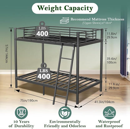 Bunk Bed Twin Over Twin with Safety Guardrail & Ladder,Space Saving Twin Bed Frames for Kids Teens and Adults,Heavy Duty Metal Bunk Bed for School Bedroom,No Box Spring Needed（Black）