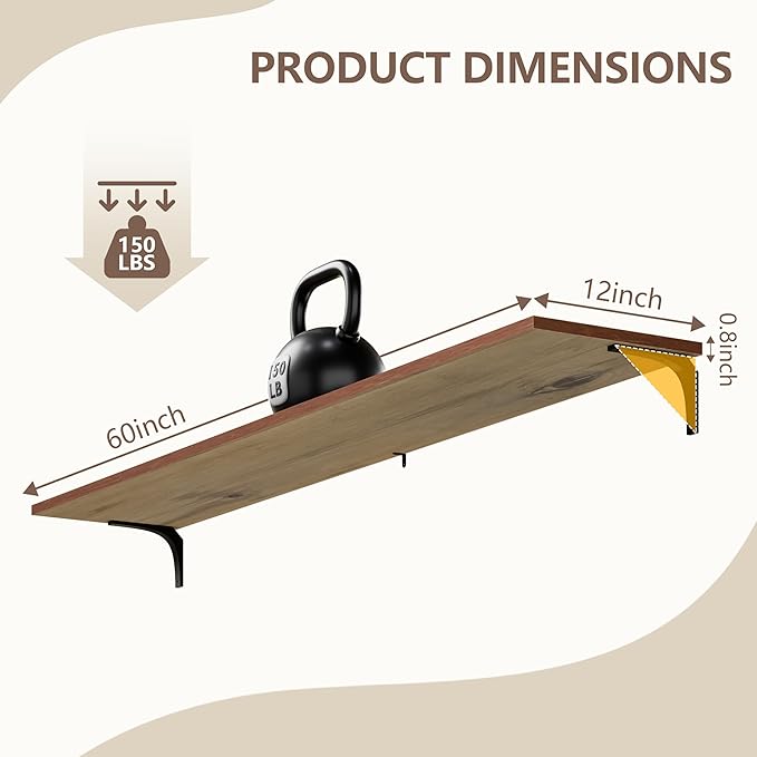 Deep Floating Shelves, 12 Inch Extra Wide Solid Wood Wall Shelves, 60 Inch Long Heavy Duty Wall Mounted Bookshelf for Living Room, Kitchen and Bedroom, Set of 3 (Brown)